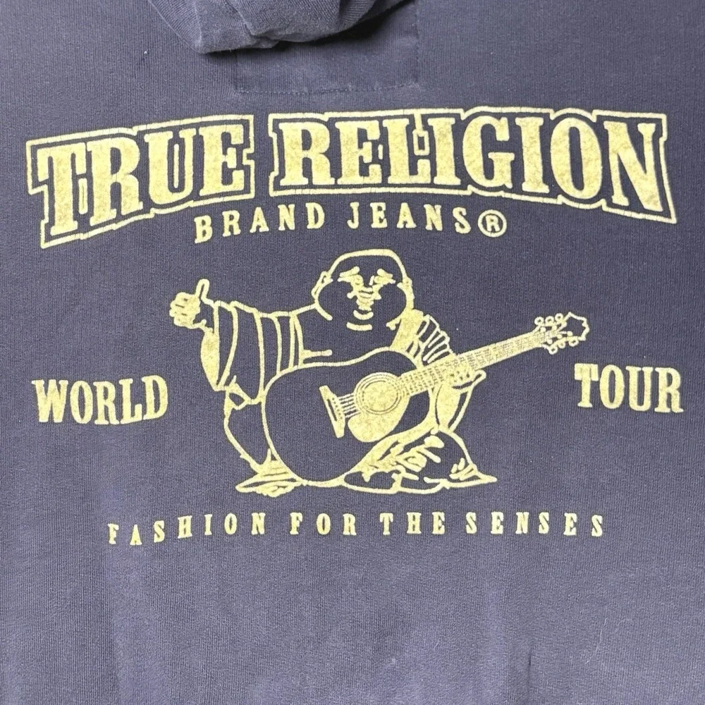 True Religion Jacket Big Back‎ Spell Out Front Emblem Hooded Navy Blue Sz L